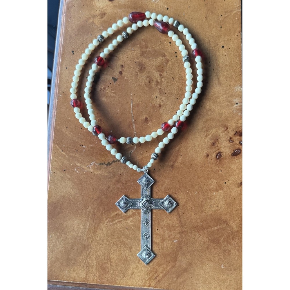 Vintage Handmade Rosary Necklace – Silver Cross, Bone & Red Glass Beads